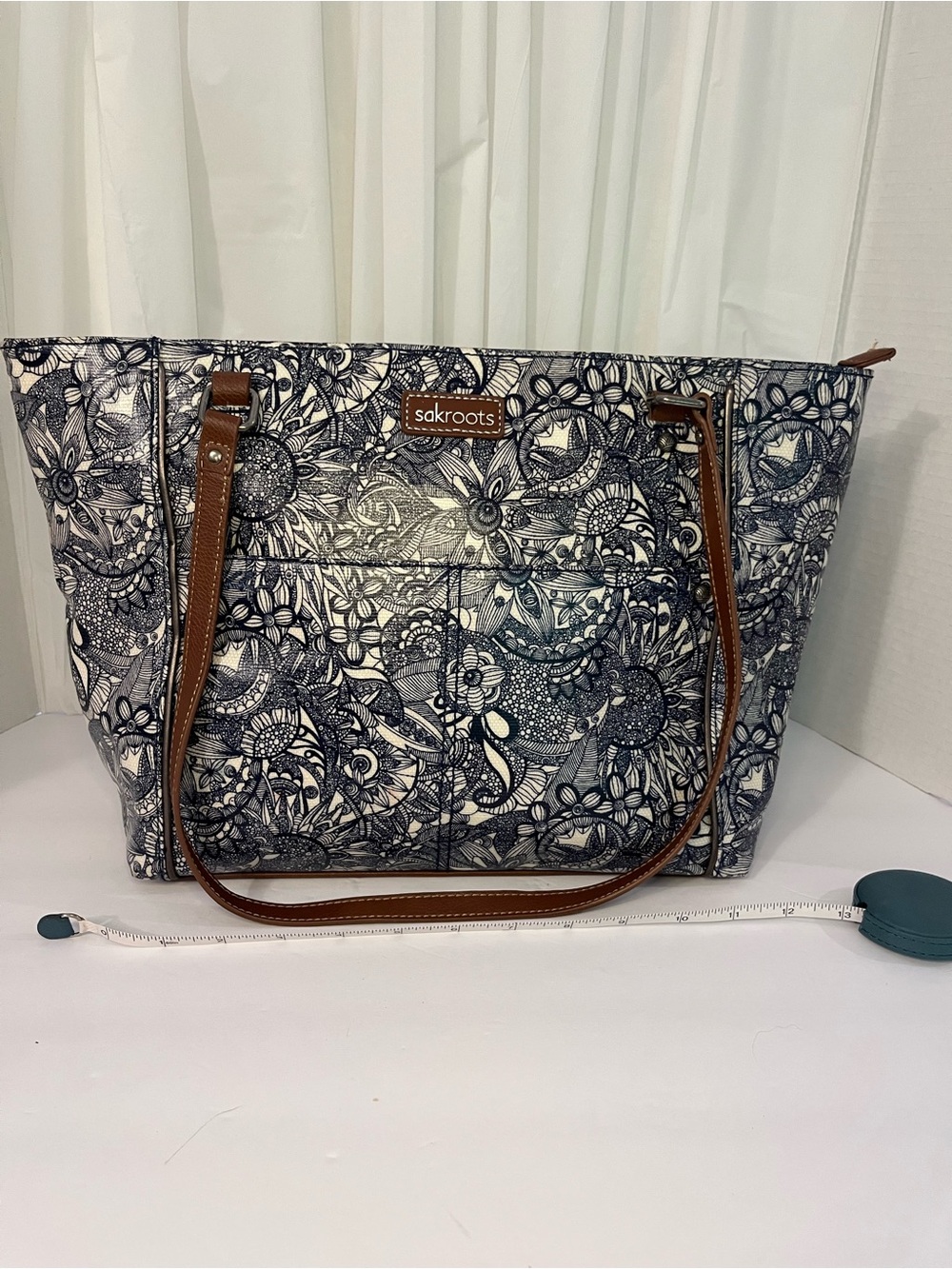 Sakroots Navy Floral Tote with Brown Straps